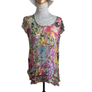 Christina Watercolor Sheer Ruffled Top Large